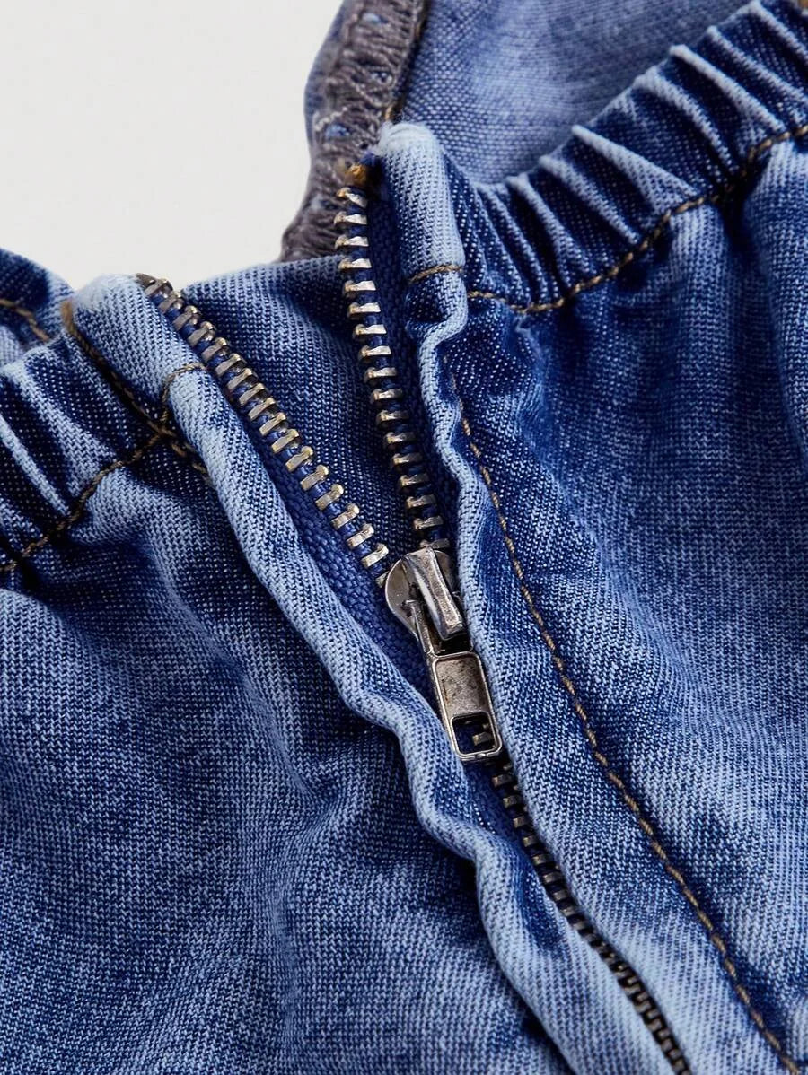 Womens Solid Color Ruffle Trim Denim Jumpsuit Summer Casual Sleeveless Overalls