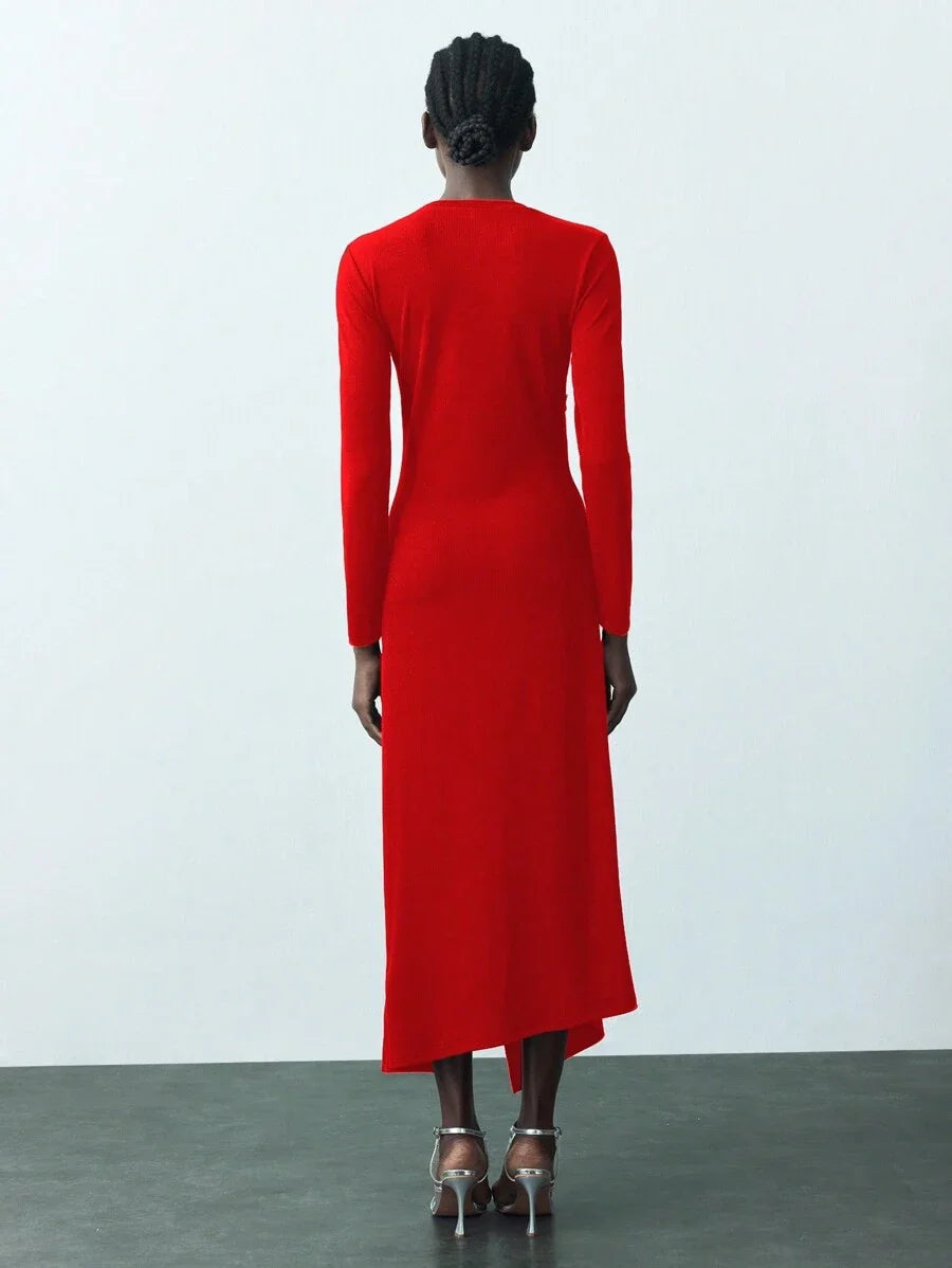 Womens Solid Color Simple Daily Round Neck Long Sleeve Long Winter Knit Dress Dresses For Women