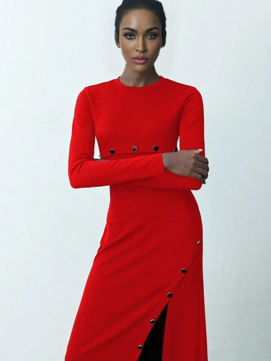 Womens Solid Color Simple Daily Round Neck Long Sleeve Long Winter Knit Dress Dresses For Women