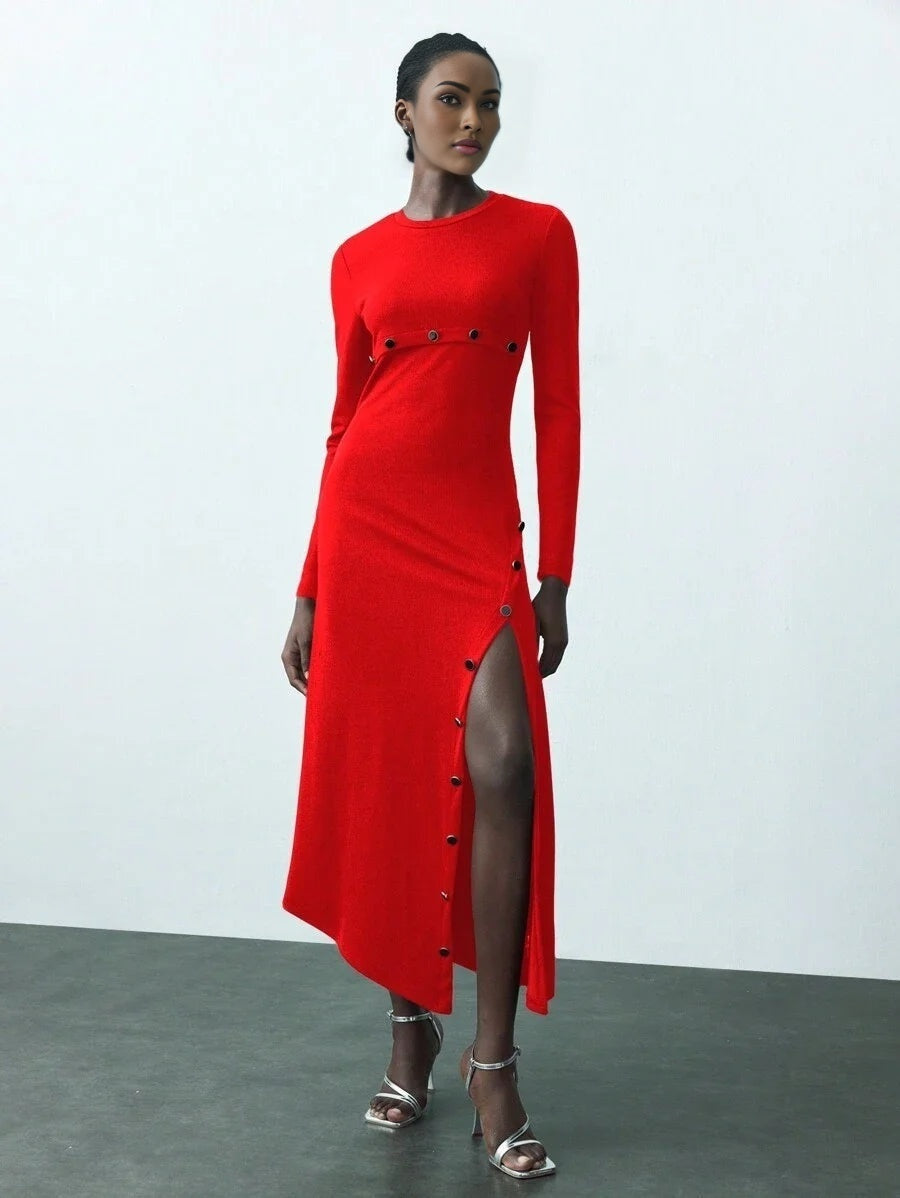 Womens Solid Color Simple Daily Round Neck Long Sleeve Long Winter Knit Dress Dresses For Women