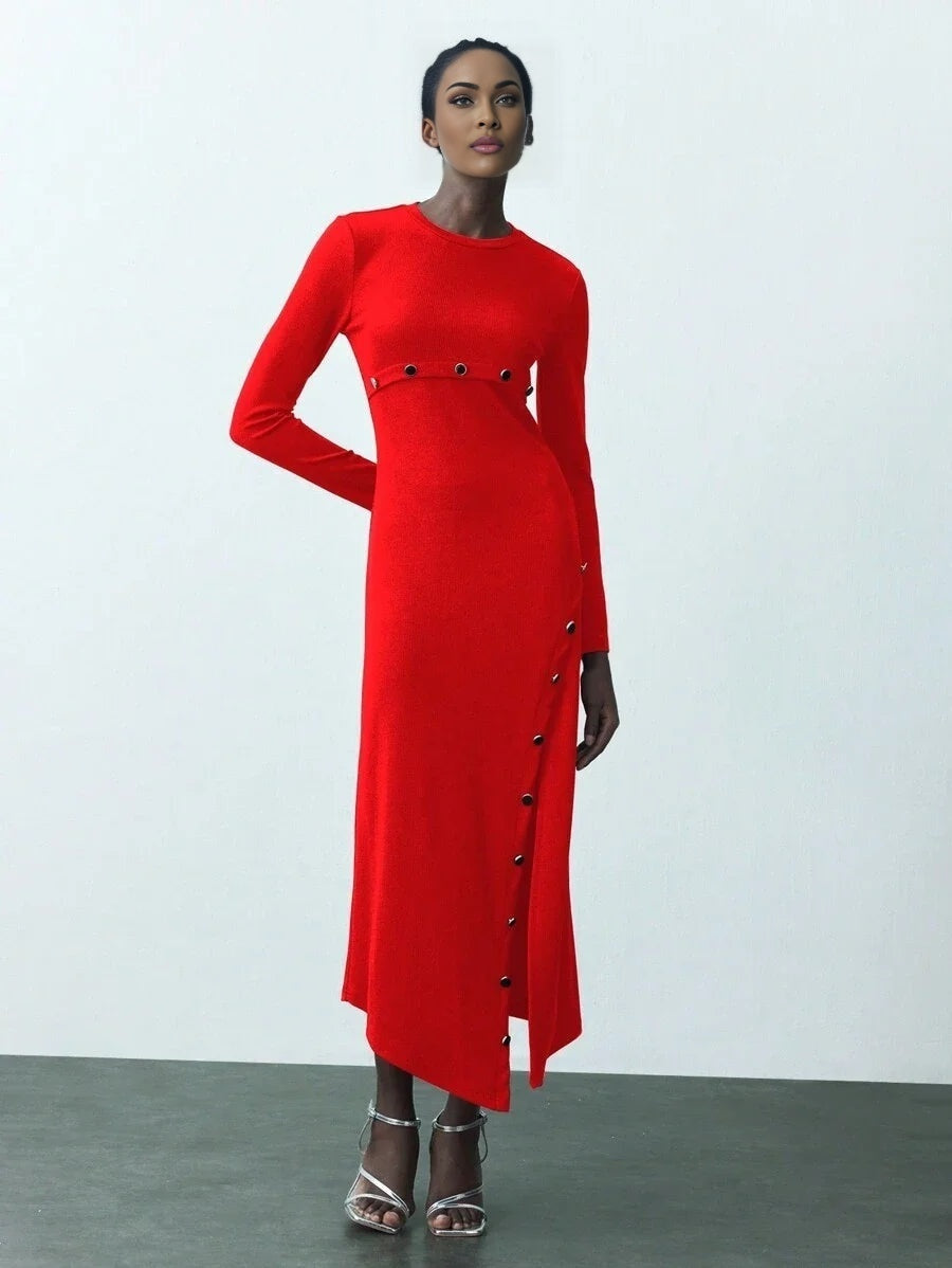 Womens Solid Color Simple Daily Round Neck Long Sleeve Long Winter Knit Dress Dresses For Women