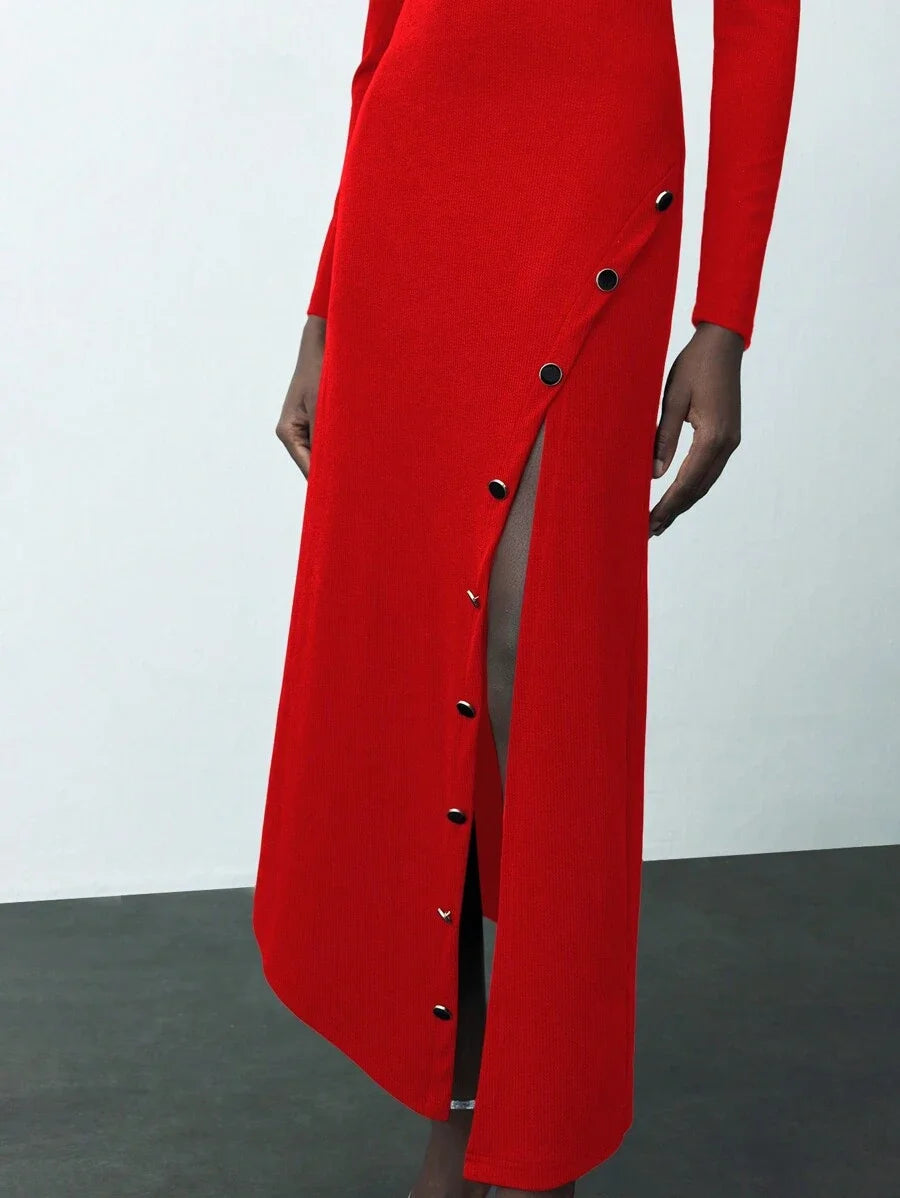 Womens Solid Color Simple Daily Round Neck Long Sleeve Long Winter Knit Dress Dresses For Women