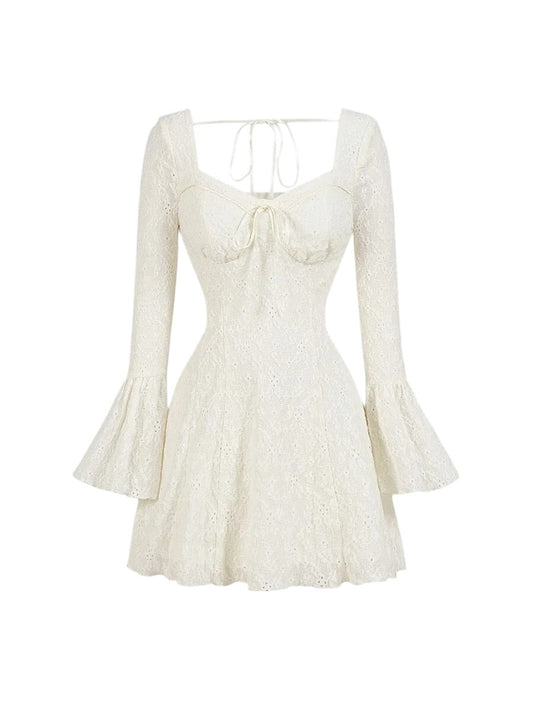 Womens Solid Color Simple Daily TieUp Long Sleeve Dress in white