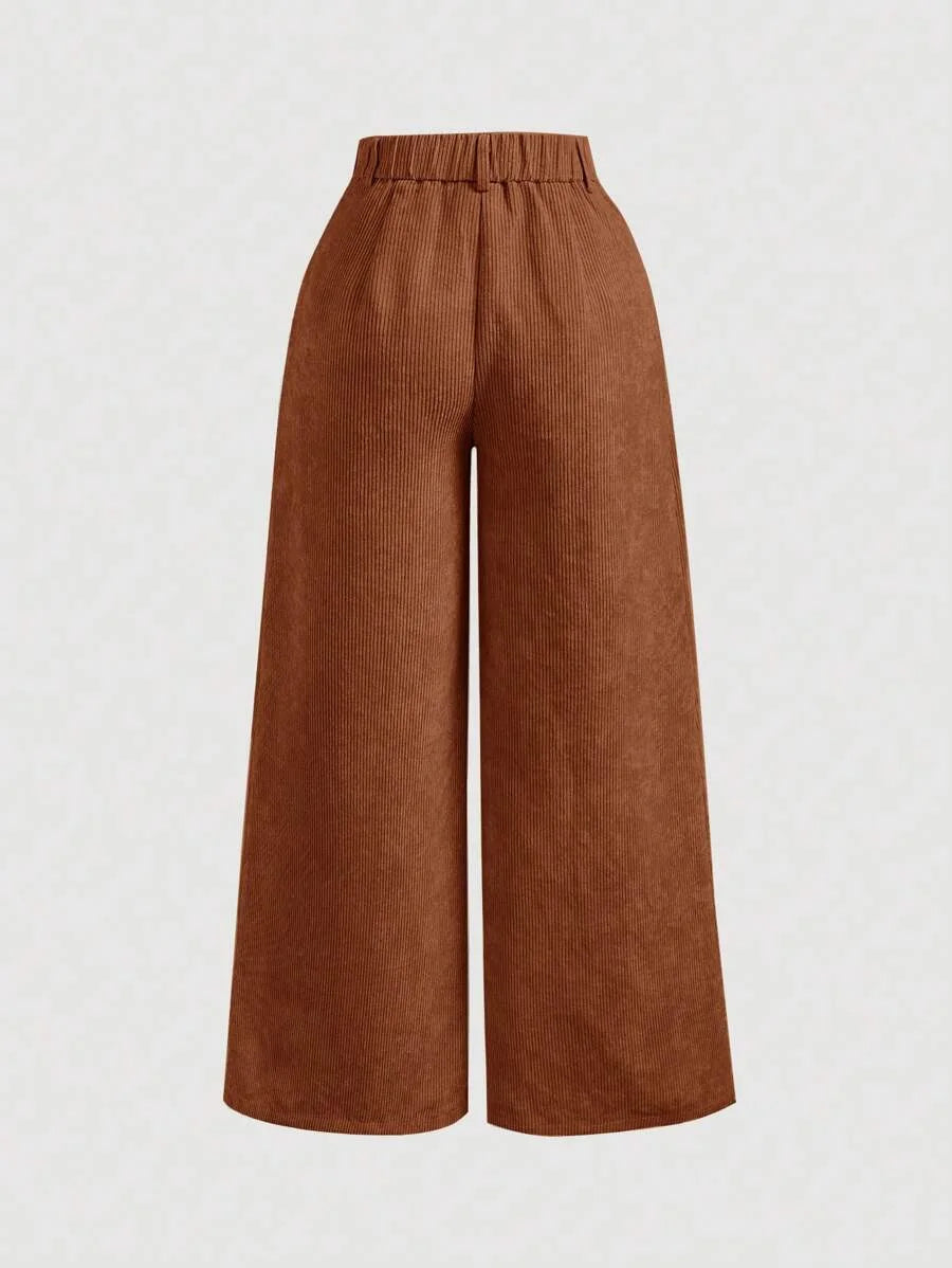 Womens Solid Color Vintage Simple Daily Corduroy Rib PantsKhaki Women PantsWide Leg Women Pants