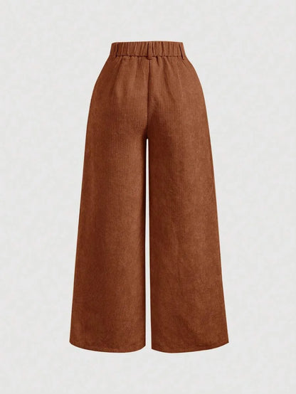 Womens Solid Color Vintage Simple Daily Corduroy Rib PantsKhaki Women PantsWide Leg Women Pants