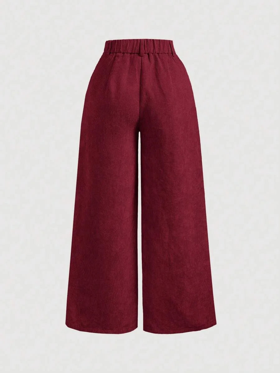 Womens Solid Color Vintage Simple Daily Corduroy Rib PantsKhaki Women PantsWide Leg Women Pants