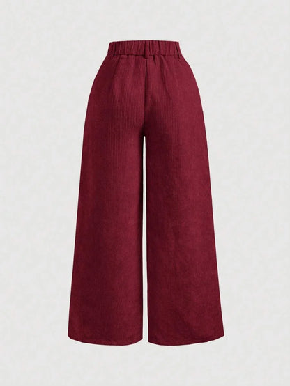 Womens Solid Color Vintage Simple Daily Corduroy Rib PantsKhaki Women PantsWide Leg Women Pants