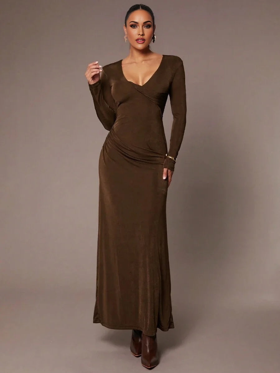 Womens Solid Color VNeck Long Sleeve Dress Elegant For Autumn