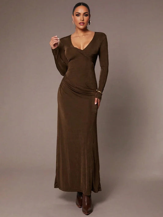 Womens Solid Color VNeck Long Sleeve Dress Elegant For Autumn