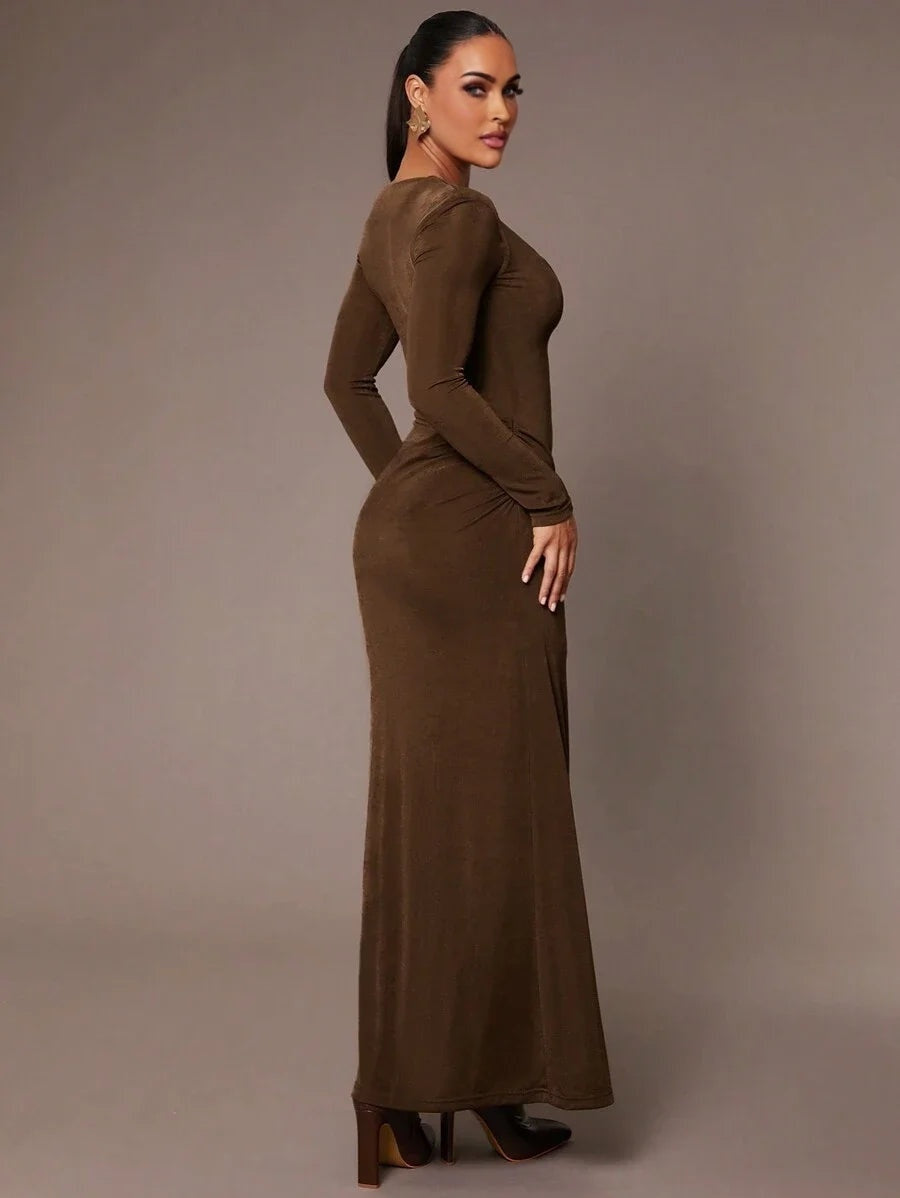 Womens Solid Color VNeck Long Sleeve Dress Elegant For Autumn
