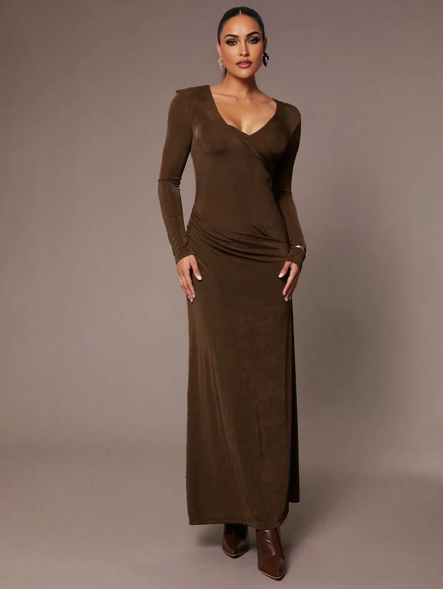 Womens Solid Color VNeck Long Sleeve Dress Elegant For Autumn