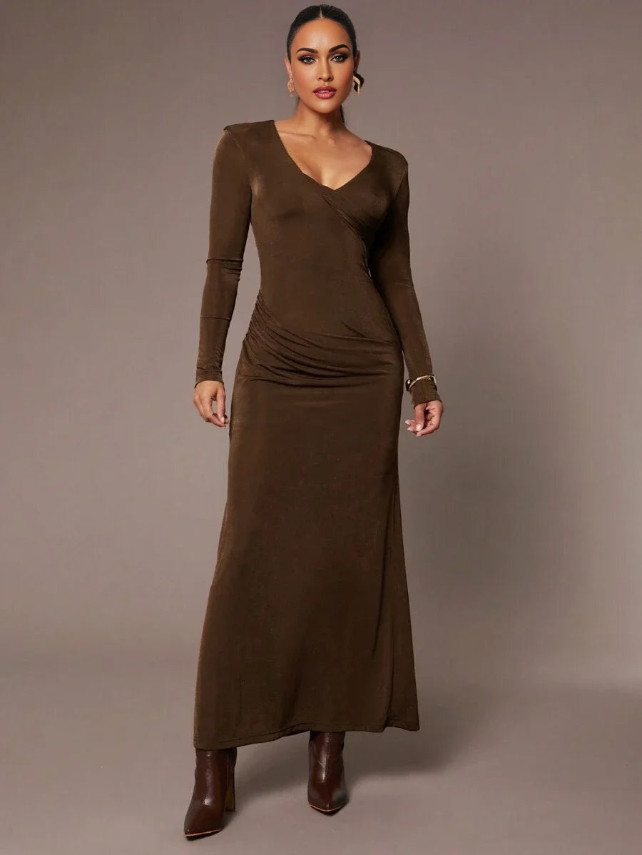 Womens Solid Color VNeck Long Sleeve Dress Elegant For Autumn