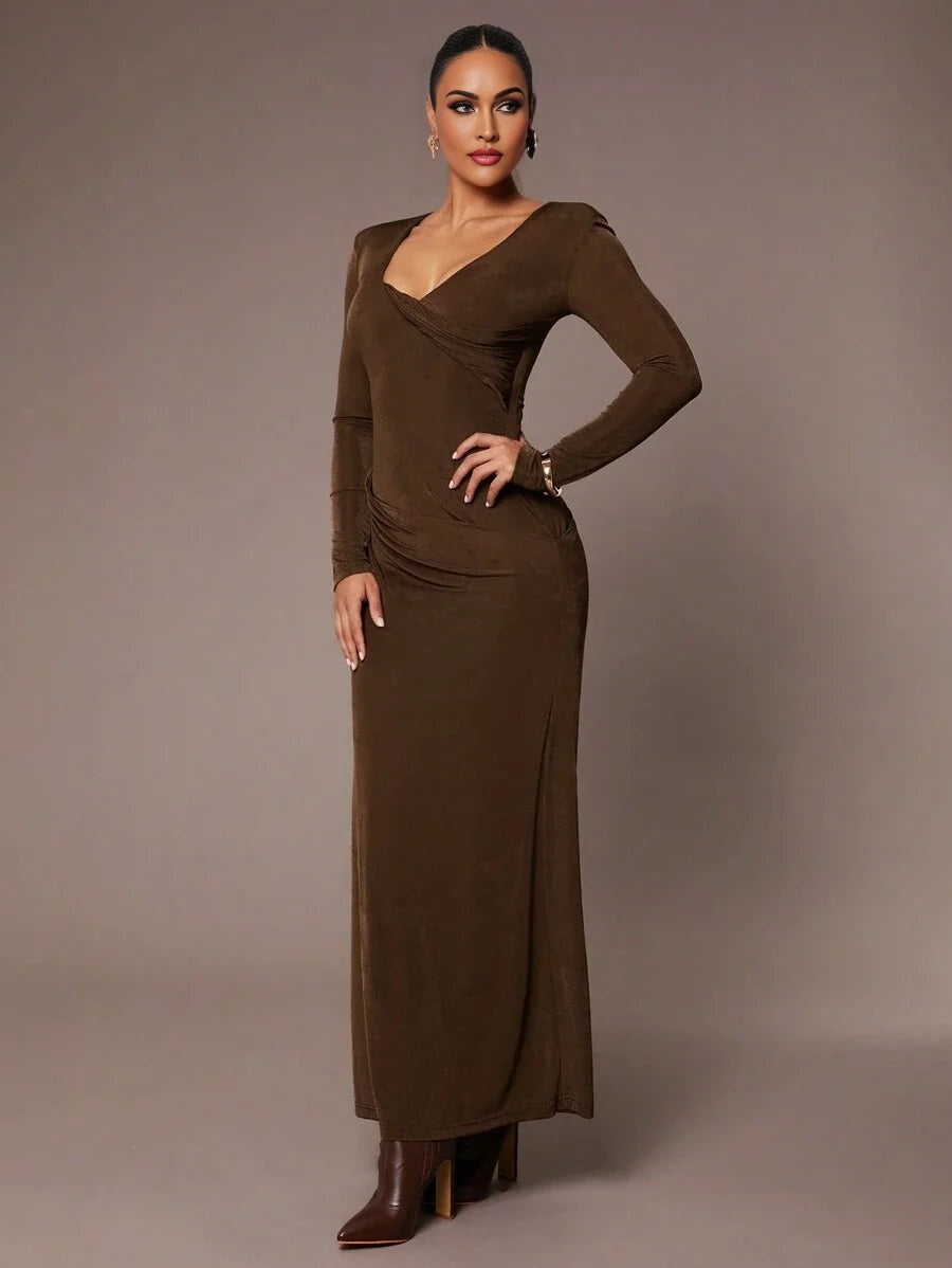 Womens Solid Color VNeck Long Sleeve Dress Elegant For Autumn