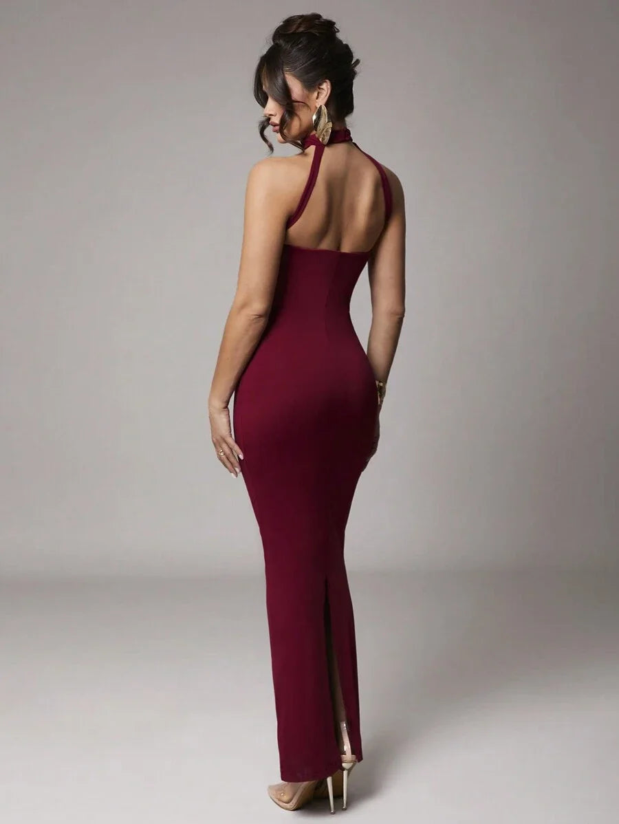 Womens Solid Red Stretchy Knit Fabric DoubleLayer Halter Backless Dress Suitable For Cocktail Party
