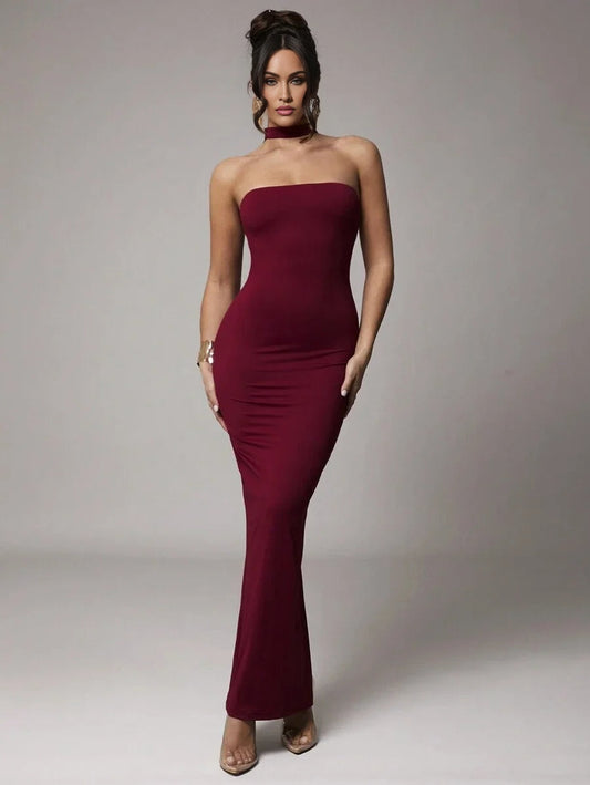 Womens Solid Red Stretchy Knit Fabric DoubleLayer Halter Backless Dress Suitable For Cocktail Party