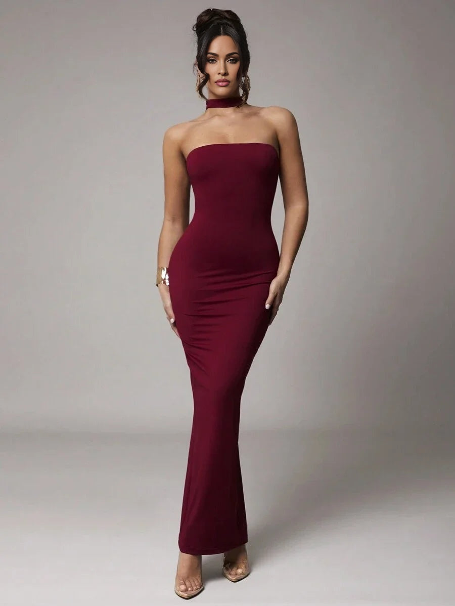 Womens Solid Red Stretchy Knit Fabric DoubleLayer Halter Backless Dress Suitable For Cocktail Party