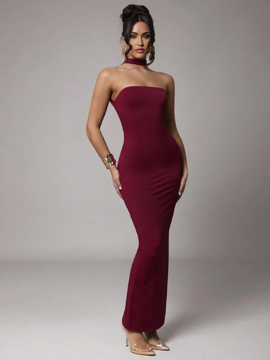 Womens Solid Red Stretchy Knit Fabric DoubleLayer Halter Backless Dress Suitable For Cocktail Party