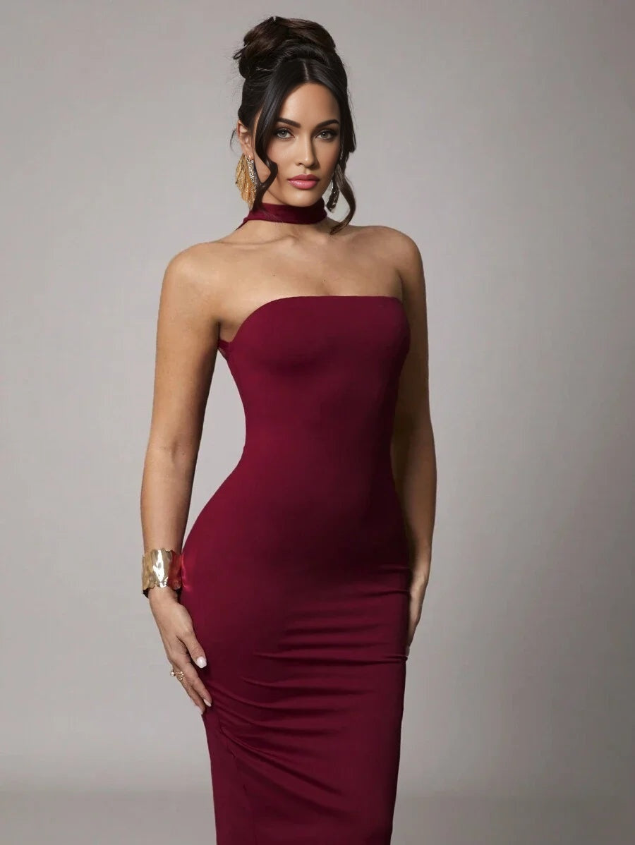 Womens Solid Red Stretchy Knit Fabric DoubleLayer Halter Backless Dress Suitable For Cocktail Party