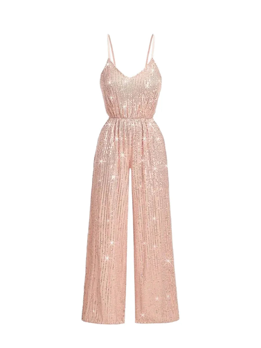 Womens Solid Shiny Sequin Jumpsuit With Wide Leg Loose Fit Party OutfitPink Sequin JumpsuitNew