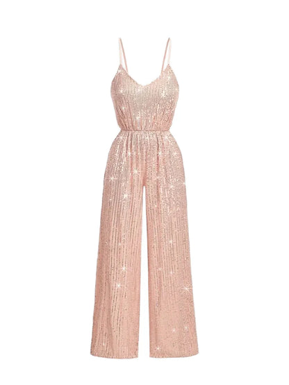 Womens Solid Shiny Sequin Jumpsuit With Wide Leg Loose Fit Party OutfitPink Sequin JumpsuitNew