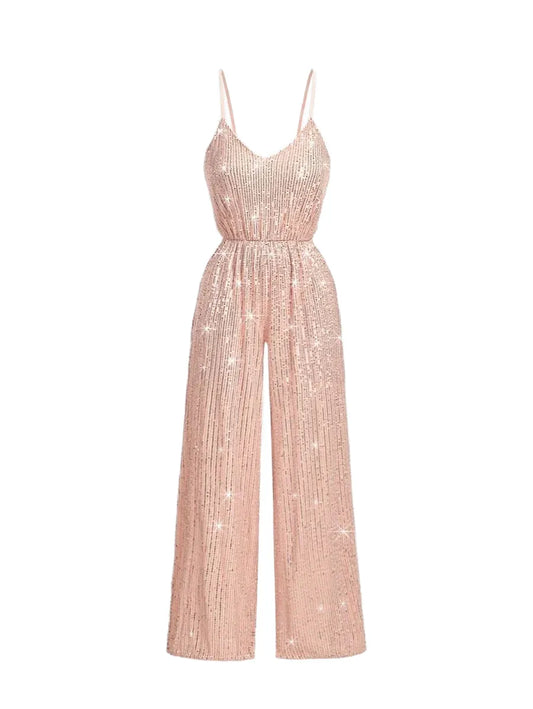 Womens Solid Shiny Sequin Jumpsuit With Wide Leg Loose Fit Party OutfitPink Sequin JumpsuitNew