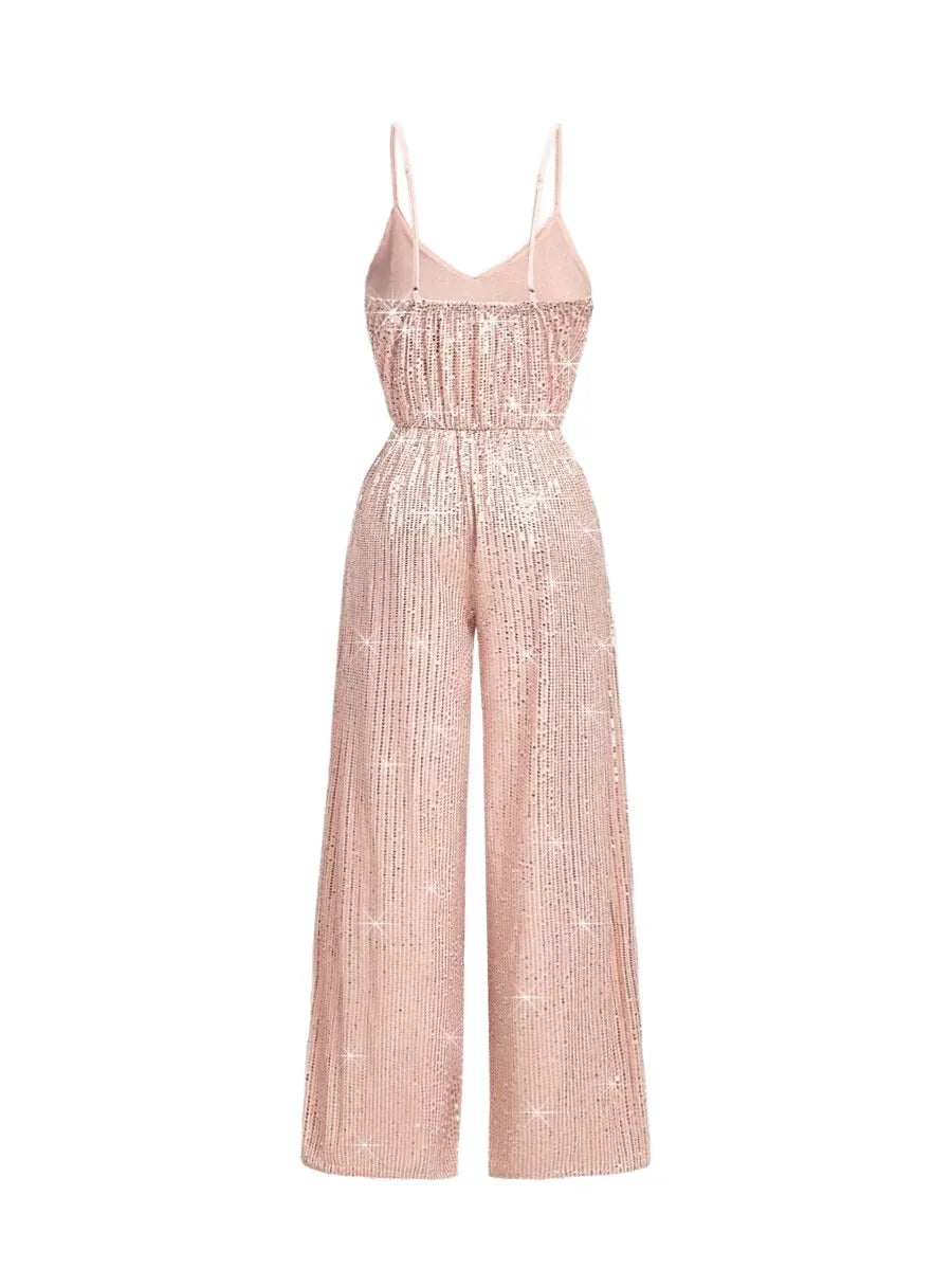 Womens Solid Shiny Sequin Jumpsuit With Wide Leg Loose Fit Party OutfitPink Sequin JumpsuitNew