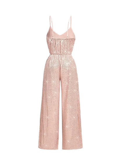 Womens Solid Shiny Sequin Jumpsuit With Wide Leg Loose Fit Party OutfitPink Sequin JumpsuitNew