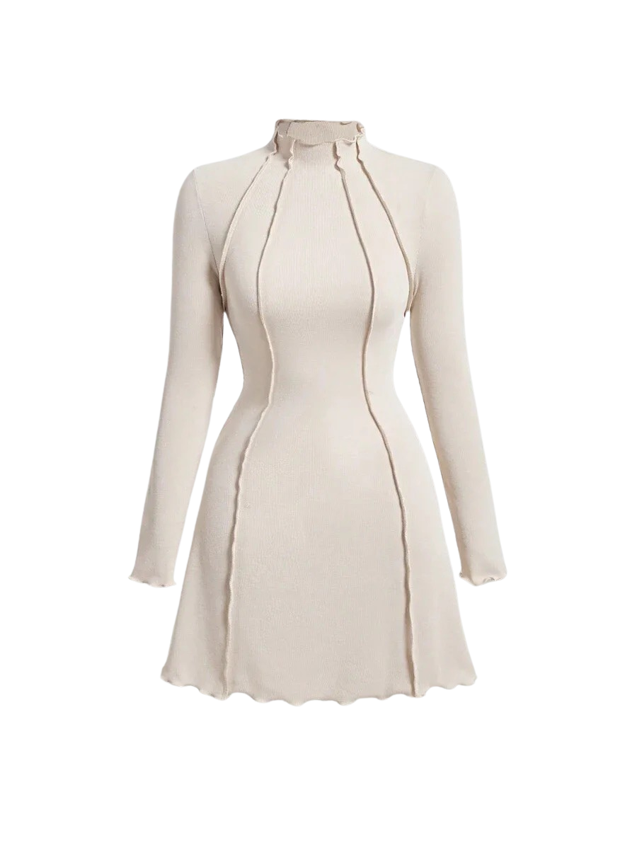 Evelina Ribbed Knit Dress – High Neck & Lettuce Trim
