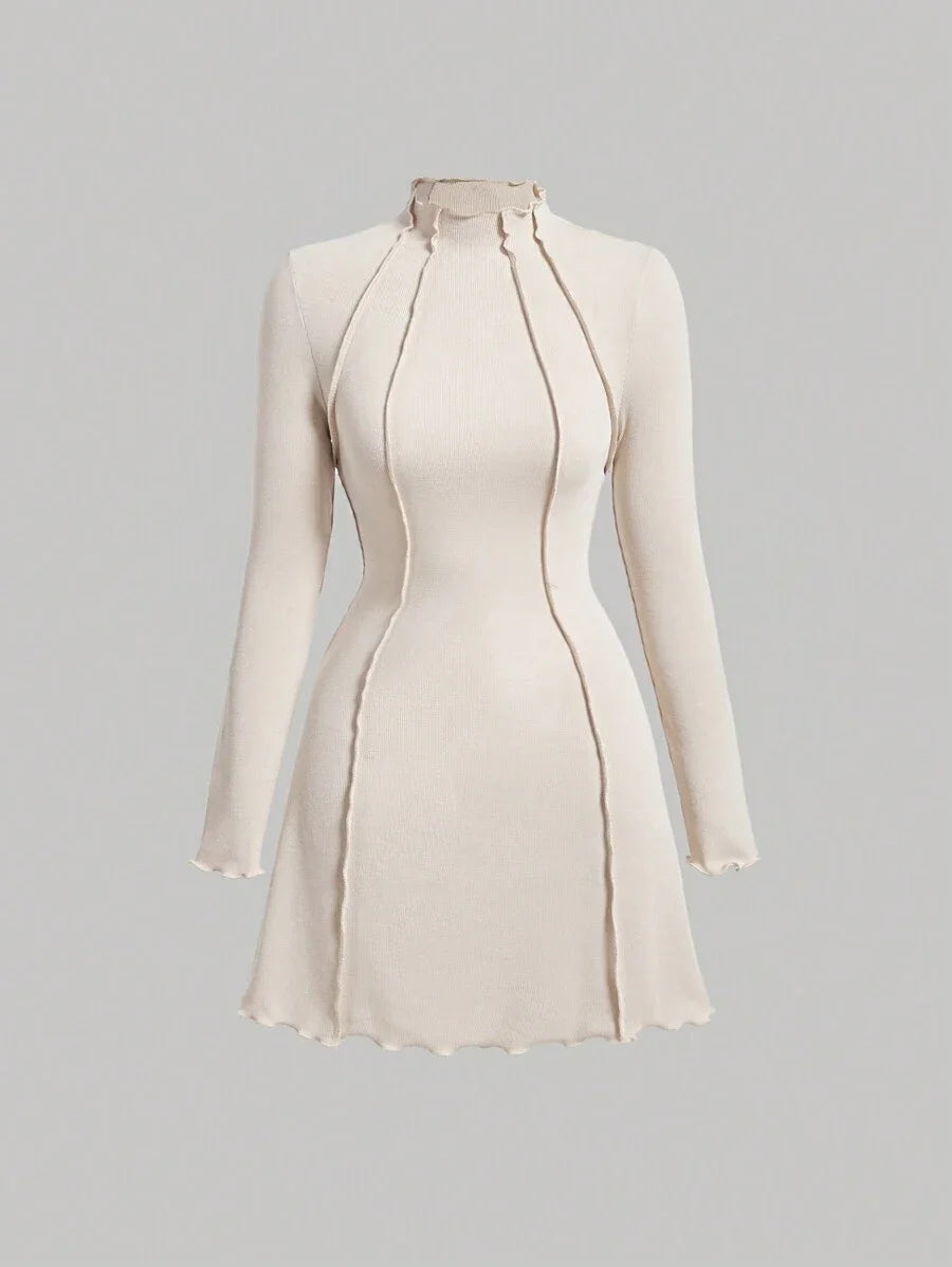 Womens SolidColored Stitch Decoration Slim Fit Stand Collar Spring Dress