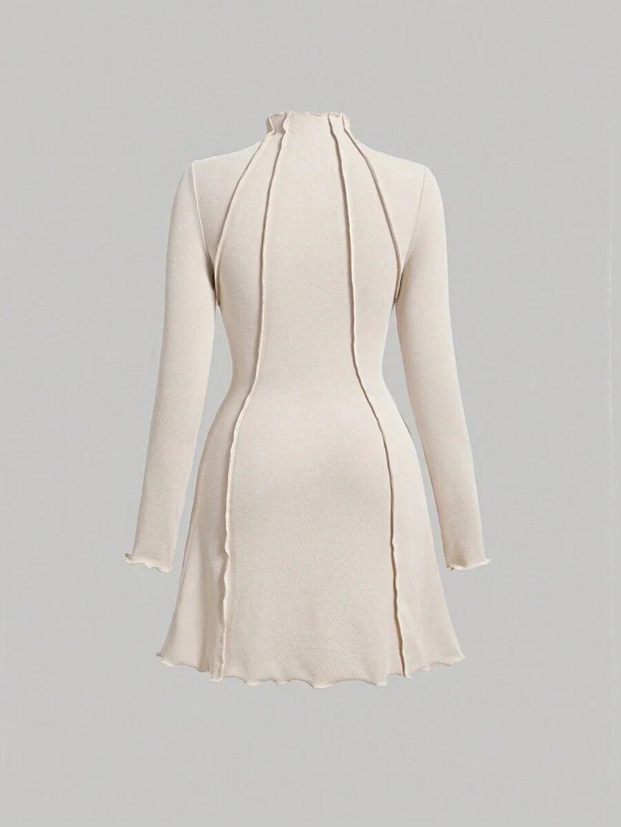Womens SolidColored Stitch Decoration Slim Fit Stand Collar Spring Dress