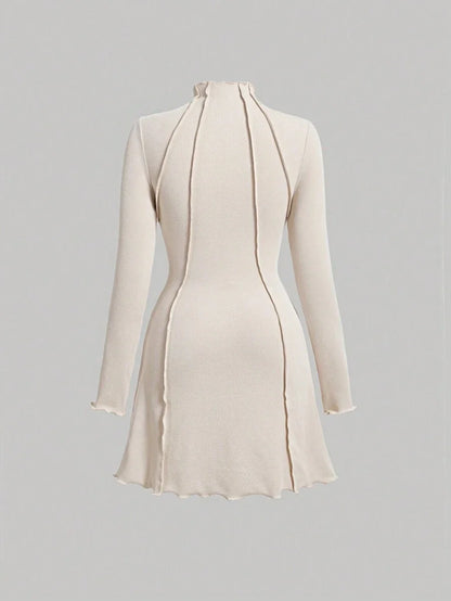 Womens SolidColored Stitch Decoration Slim Fit Stand Collar Spring Dress