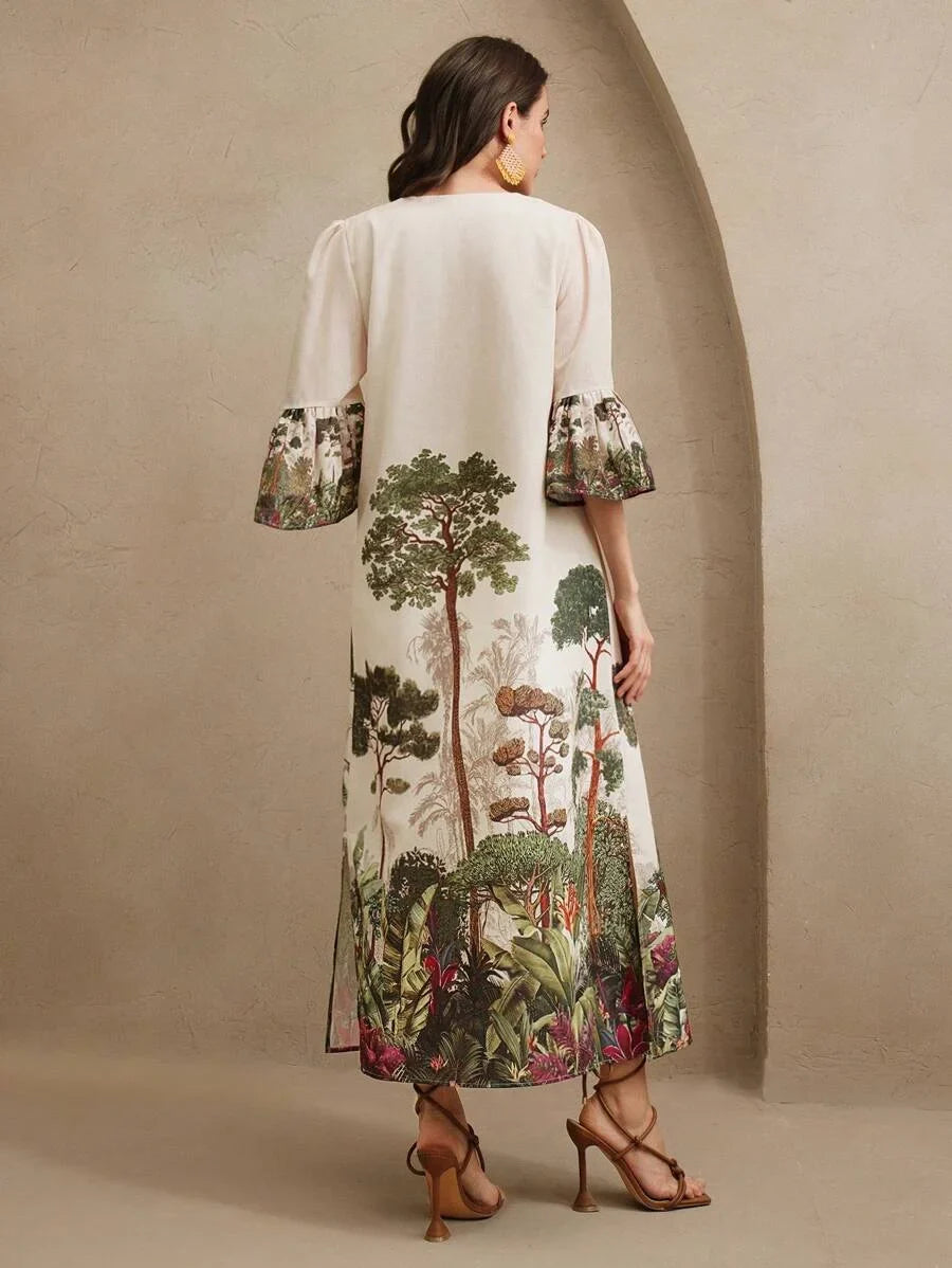 Womens Spring VNeck Long Sleeve Bead Decor Placement Print Long Dress