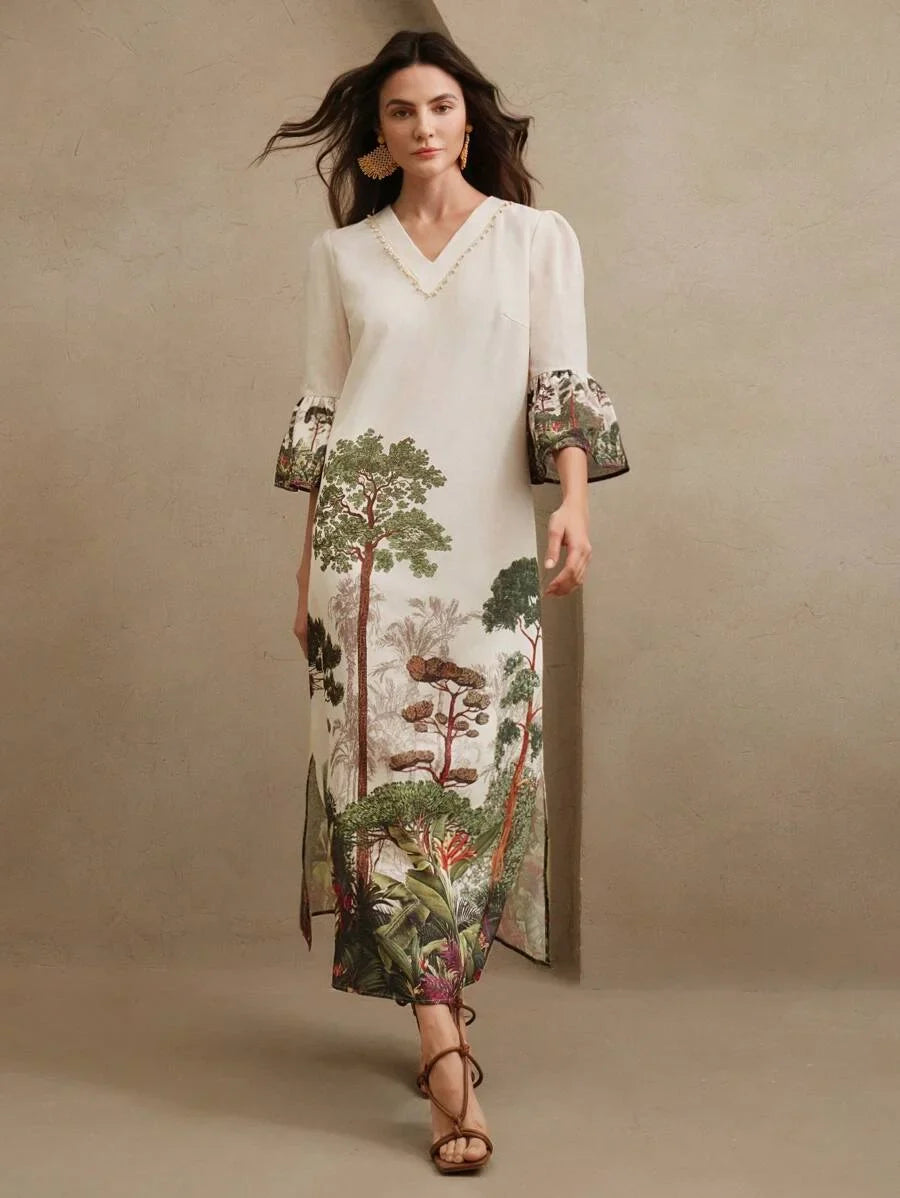 Womens Spring VNeck Long Sleeve Bead Decor Placement Print Long Dress