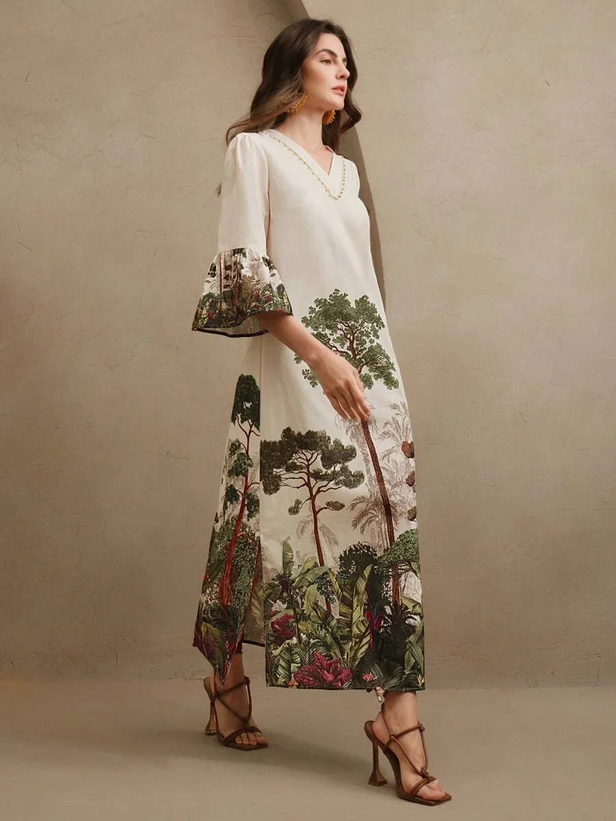 Womens Spring VNeck Long Sleeve Bead Decor Placement Print Long Dress