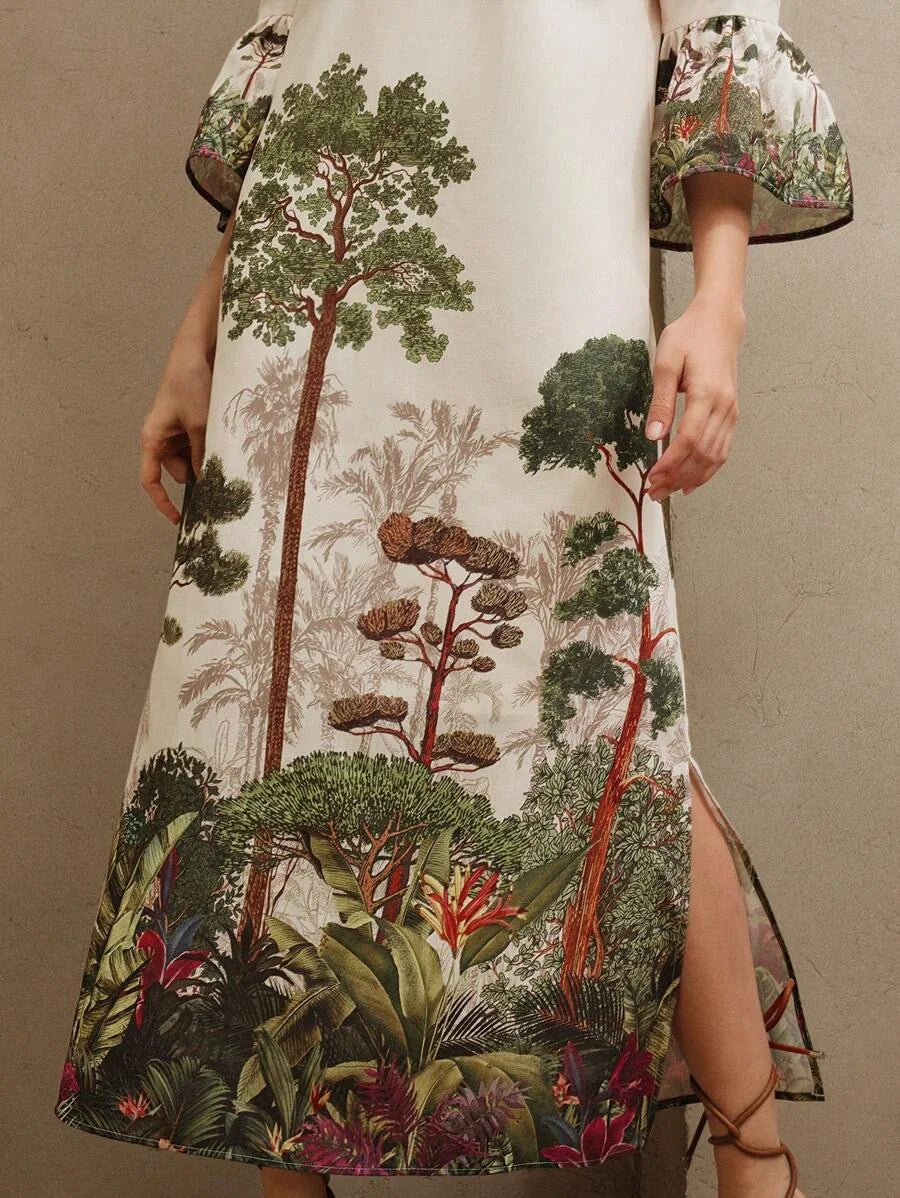 Womens Spring VNeck Long Sleeve Bead Decor Placement Print Long Dress