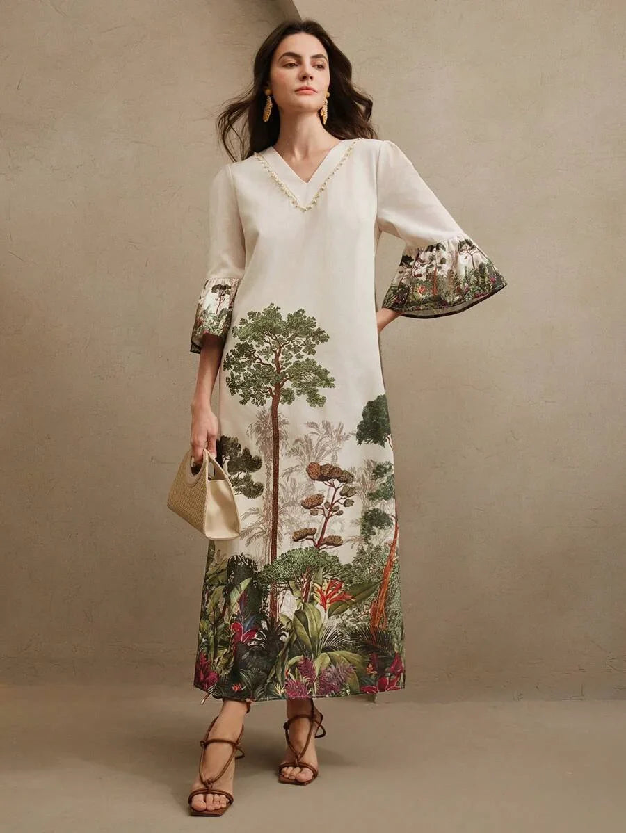 Womens Spring VNeck Long Sleeve Bead Decor Placement Print Long Dress
