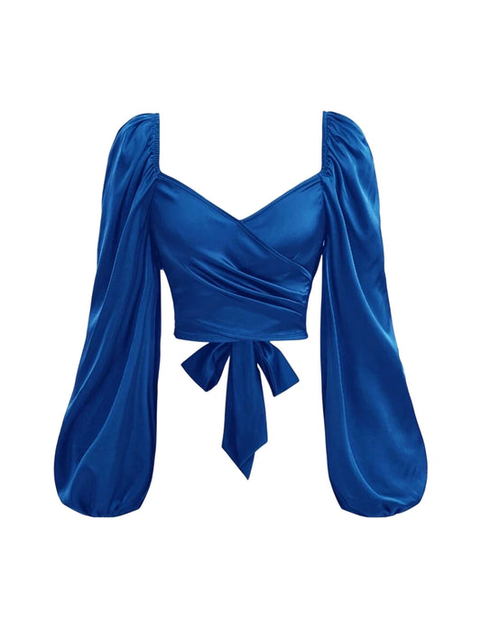 WomensCrop Top  Spring Summer Solid Color Sweet heart Collar Lantern Sleeve Back Tie Detail Elegant Blouse Long