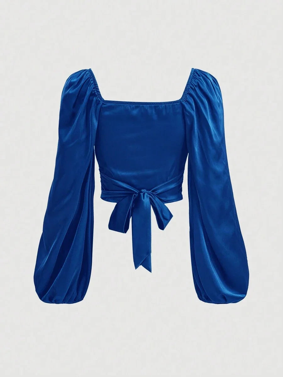 WomensCrop Top  Spring Summer Solid Color Sweet heart Collar Lantern Sleeve Back Tie Detail Elegant Blouse Long