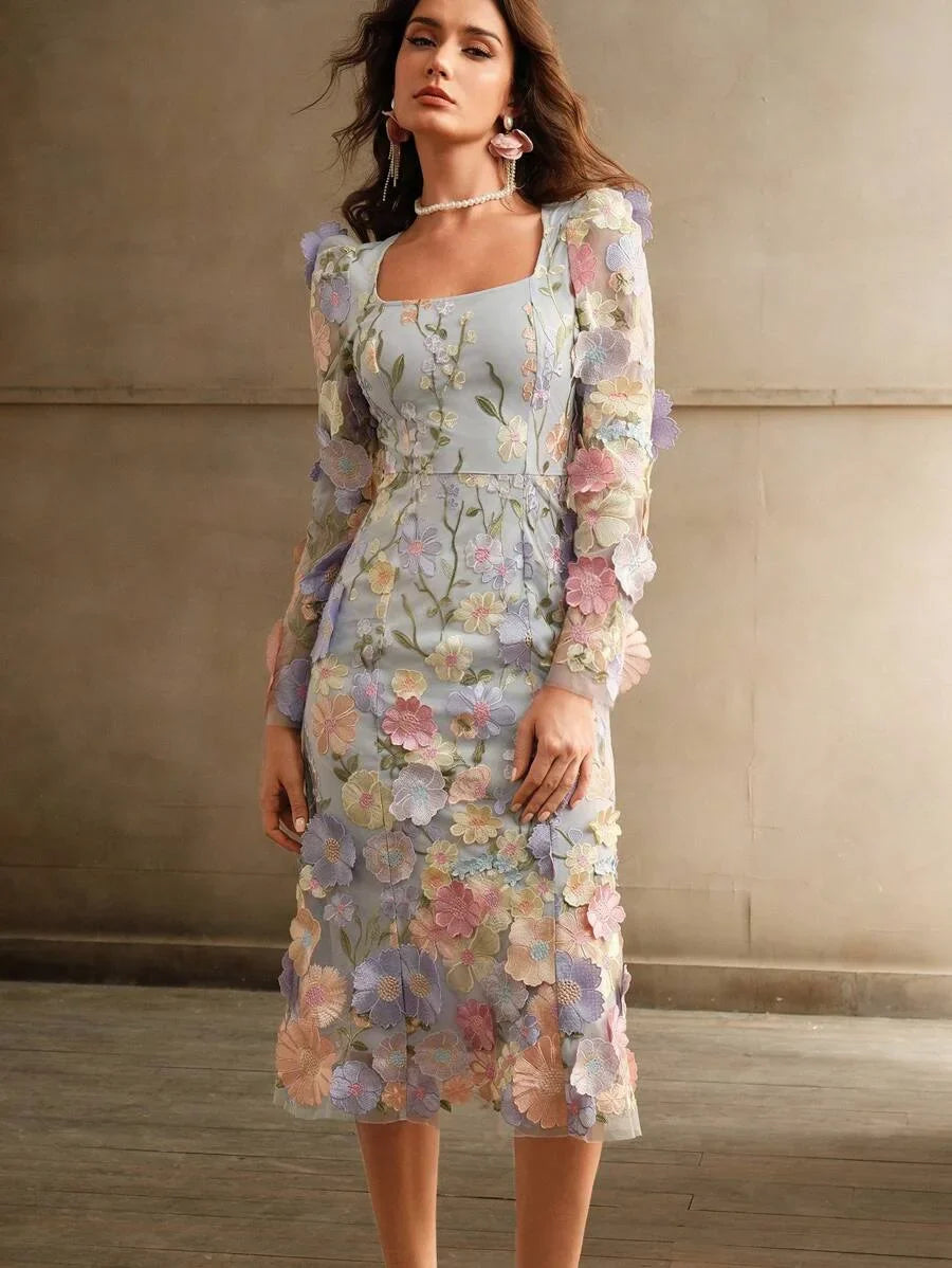 Womens Square Neck Elegant Embroidery Floral Handcrafted ALine Dress Printed Asymmetric Cutting