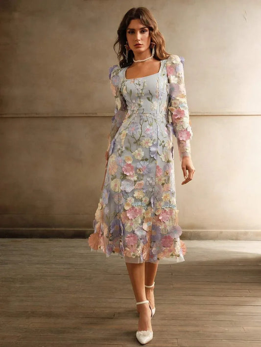 Womens Square Neck Elegant Embroidery Floral Handcrafted ALine Dress Printed Asymmetric Cutting