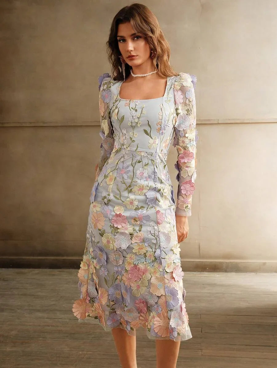Womens Square Neck Elegant Embroidery Floral Handcrafted ALine Dress Printed Asymmetric Cutting