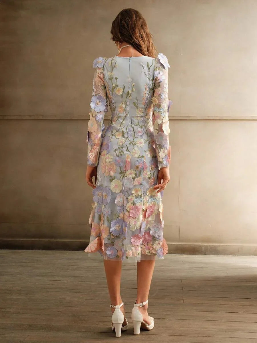 Womens Square Neck Elegant Embroidery Floral Handcrafted ALine Dress Printed Asymmetric Cutting