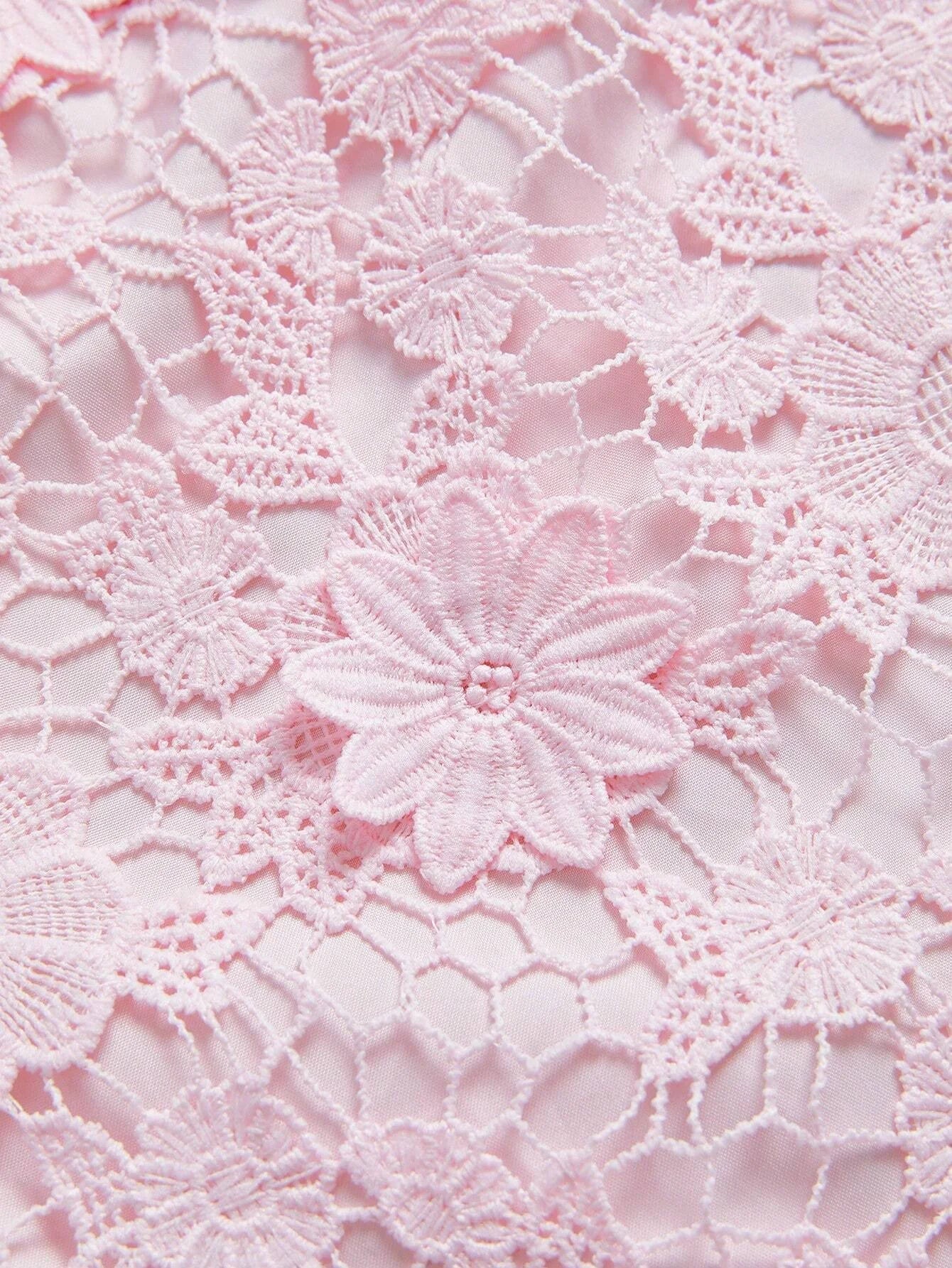 Womens Stand Collar Lantern Sleeve Elegant Floral Decor Waist Cinched Pink Dress