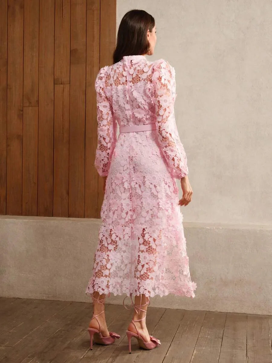 Womens Stand Collar Lantern Sleeve Elegant Floral Decor Waist Cinched Pink Dress