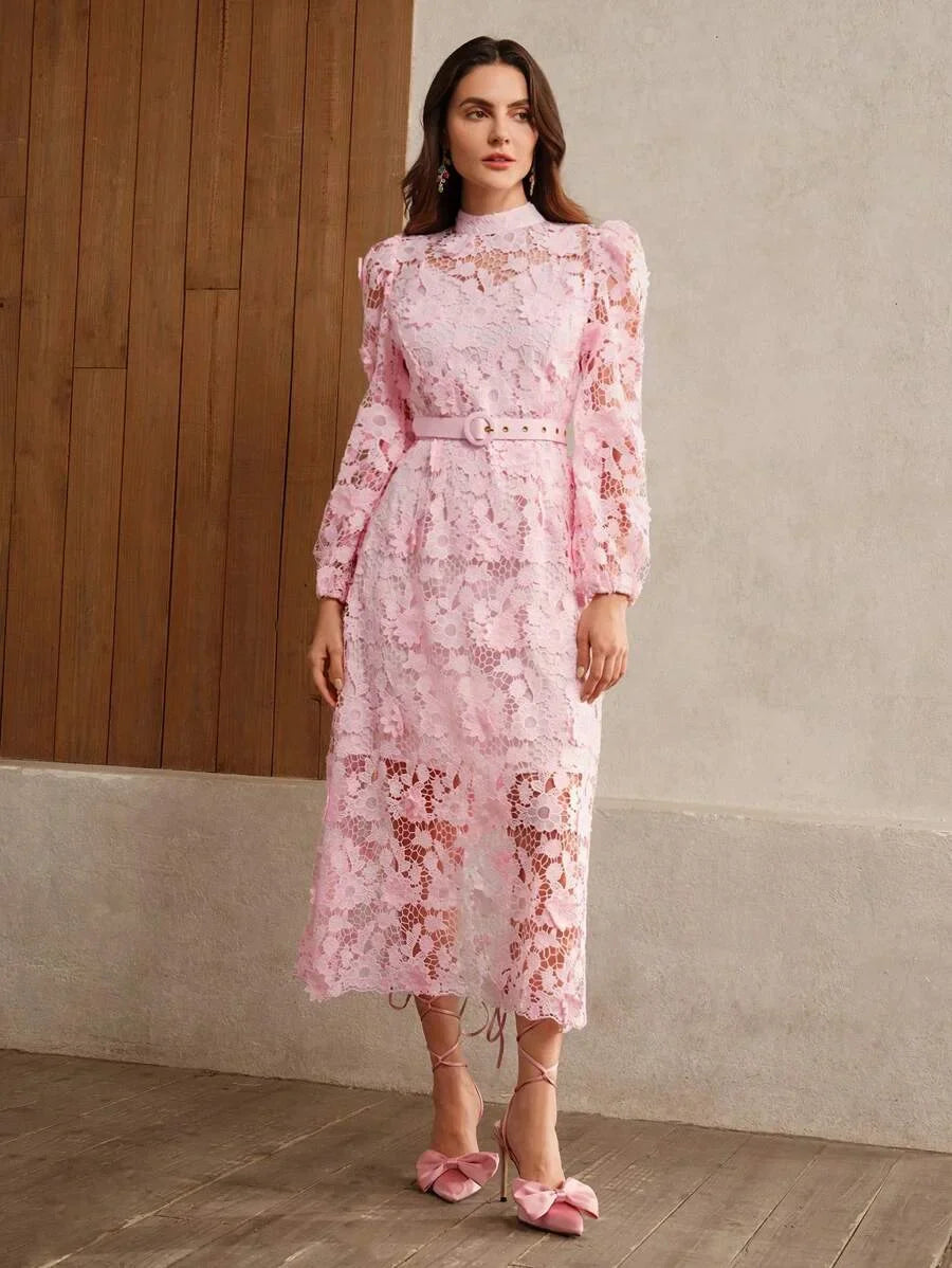 Womens Stand Collar Lantern Sleeve Elegant Floral Decor Waist Cinched Pink Dress