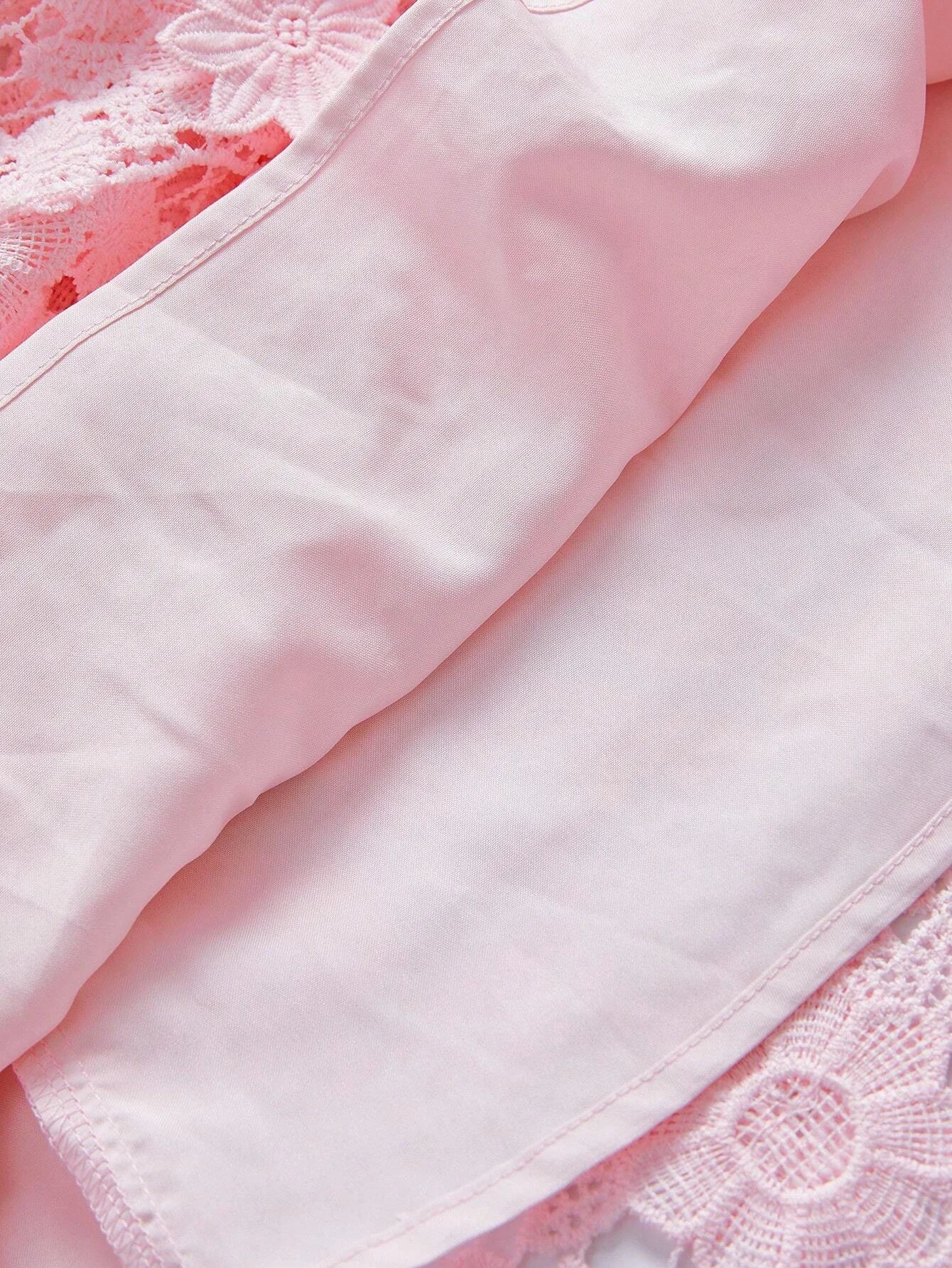 Womens Stand Collar Lantern Sleeve Elegant Floral Decor Waist Cinched Pink Dress