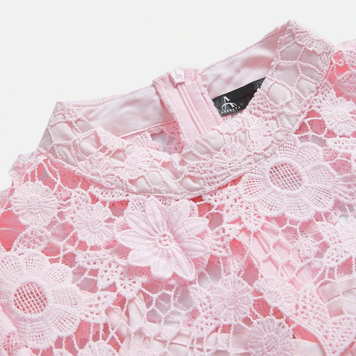 Womens Stand Collar Lantern Sleeve Elegant Floral Decor Waist Cinched Pink Dress