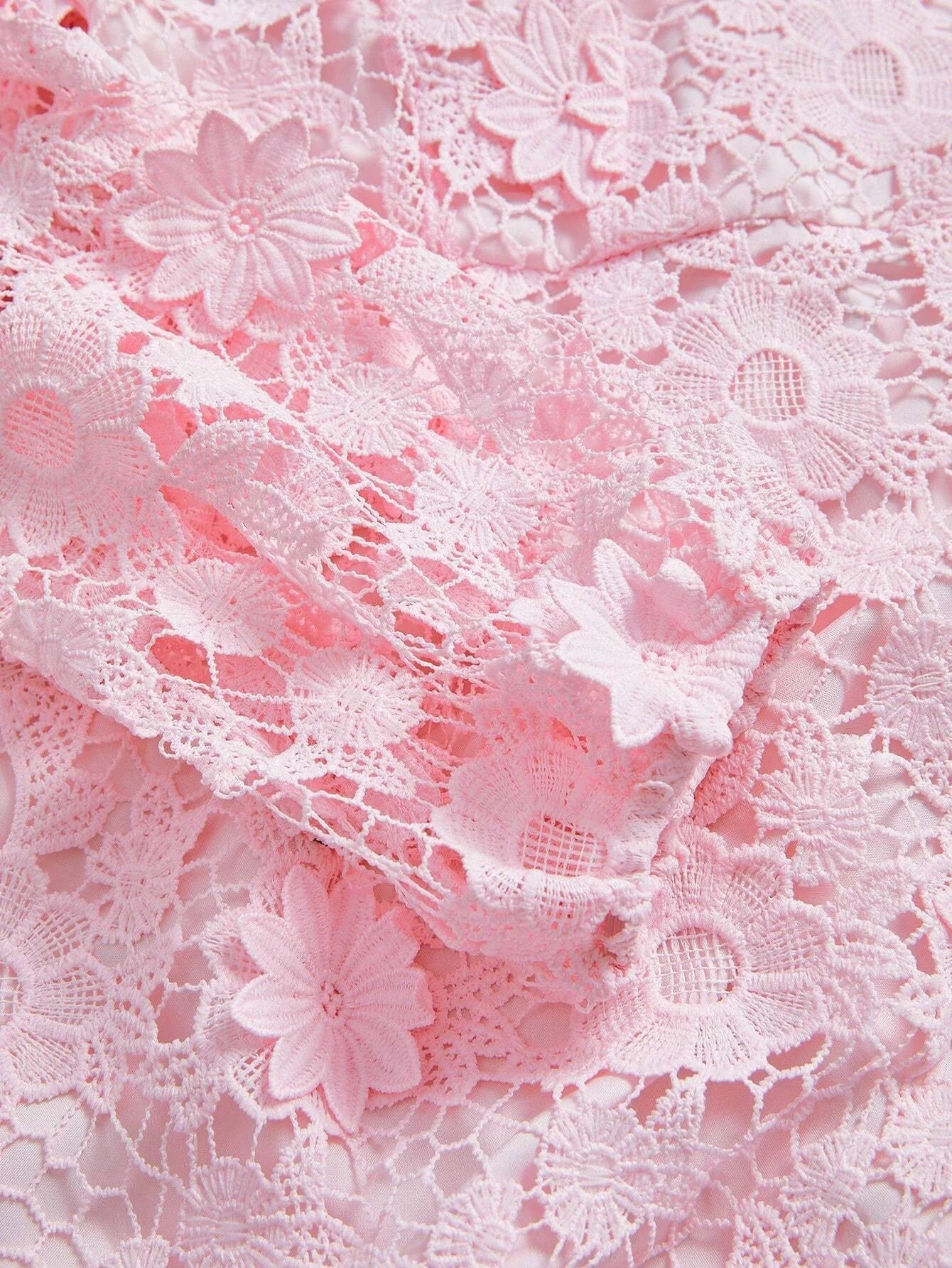 Womens Stand Collar Lantern Sleeve Elegant Floral Decor Waist Cinched Pink Dress