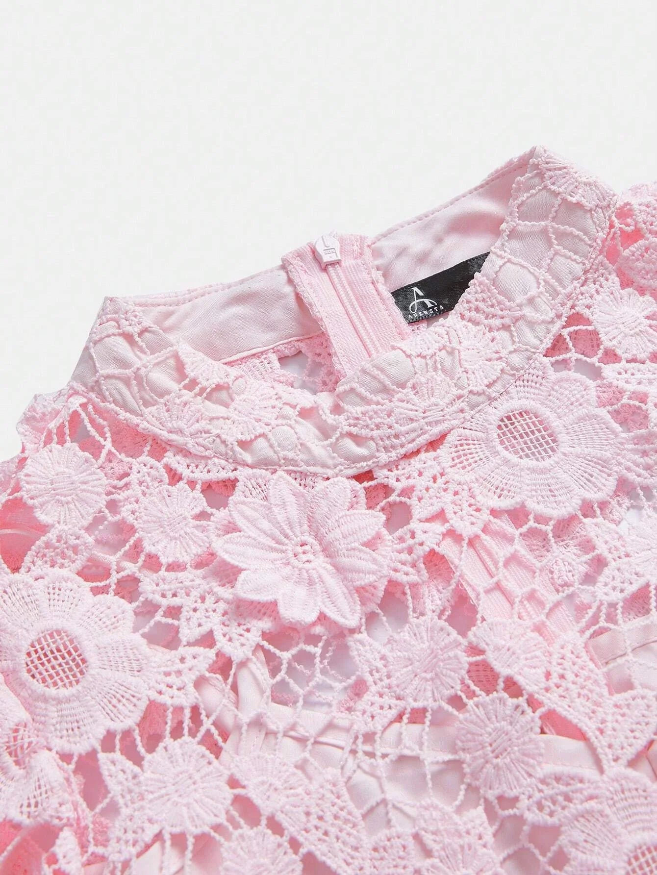 Womens Stand Collar Lantern Sleeve Elegant Floral Decor Waist Cinched Pink Dress