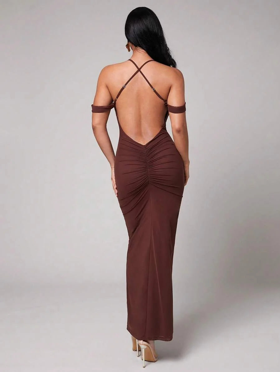 Womens Stretchy Mesh Draped Neck Backless Ruched Bodycon Dress Sexy amp Fitted Suitable For